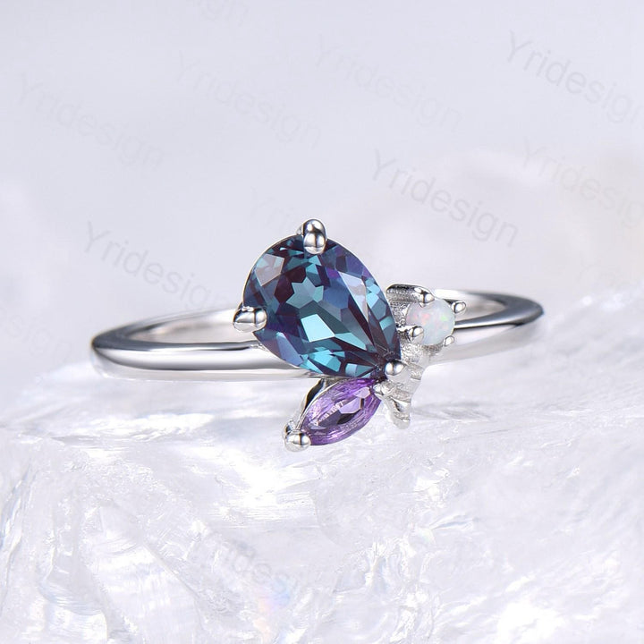 Unique Bee Ring, Pear Shaped Alexandrite Engagement Ring, Three Stone Color Change Wedding Ring For Women, Marquise Cut Amethyst Opal Band - PENFINE