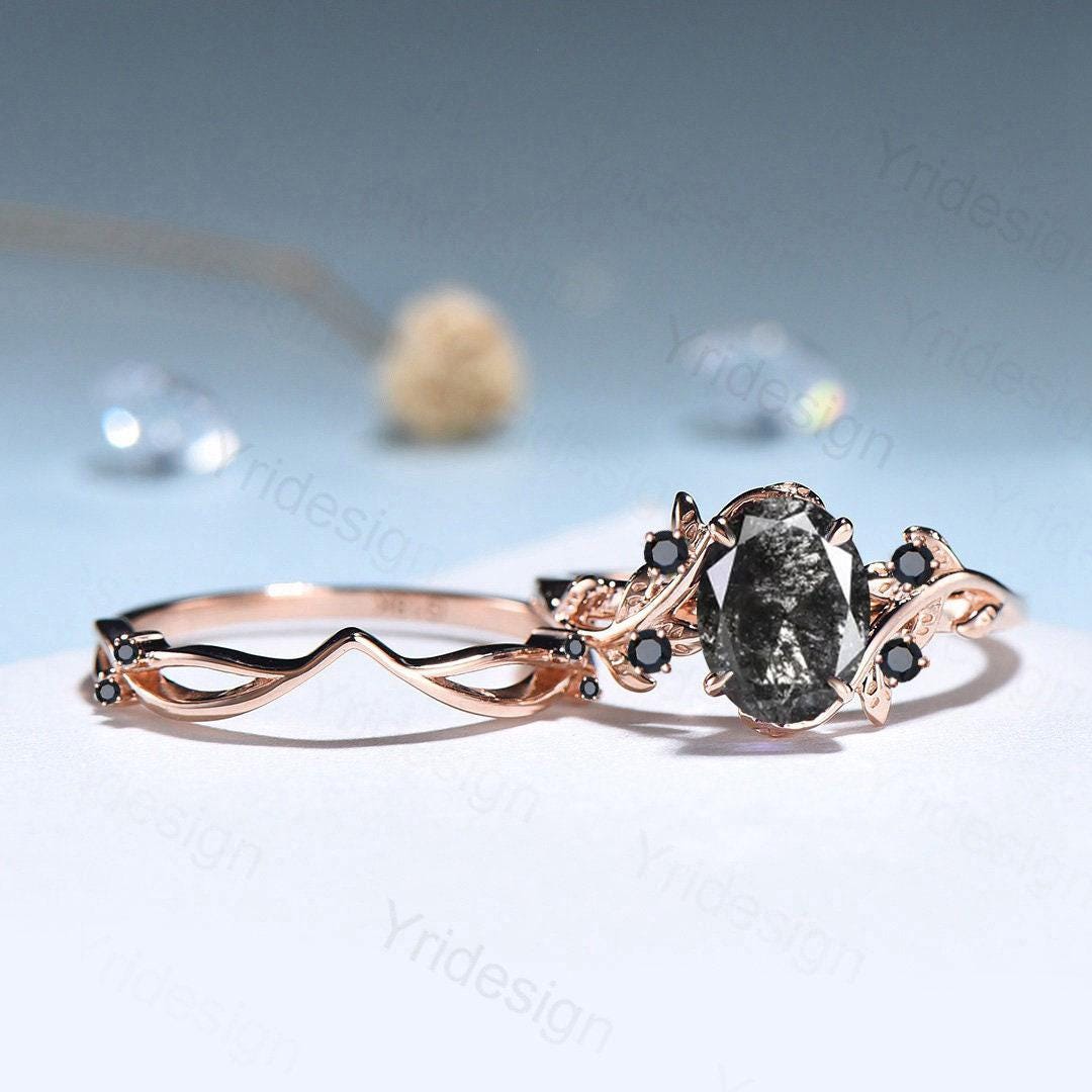 Unique salt and pepper diamond engagement ring set Nature Inspired black spinel wedding ring vintage leaf vine bridal ring set for women - PENFINE