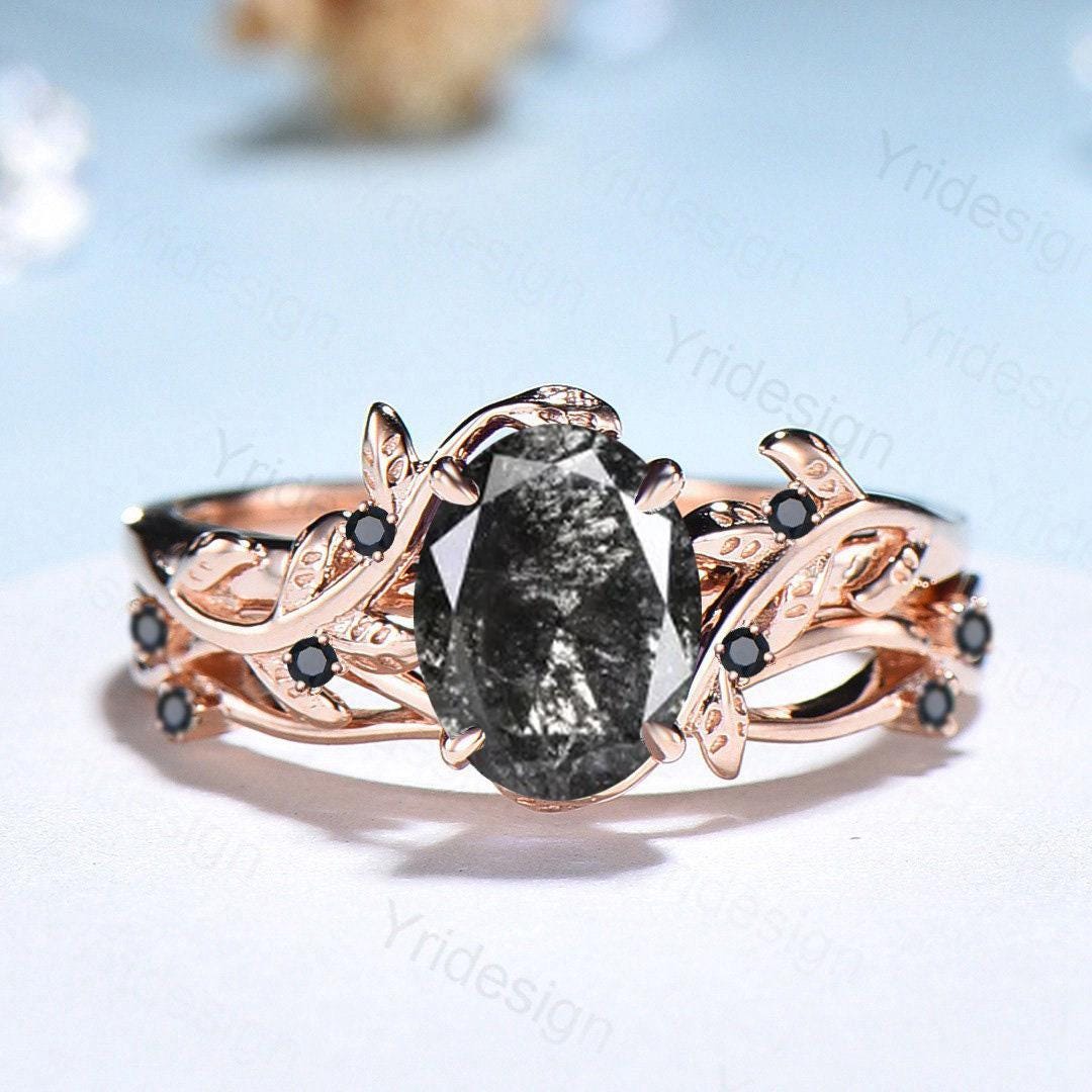 Unique salt and pepper diamond engagement ring set Nature Inspired black spinel wedding ring vintage leaf vine bridal ring set for women - PENFINE