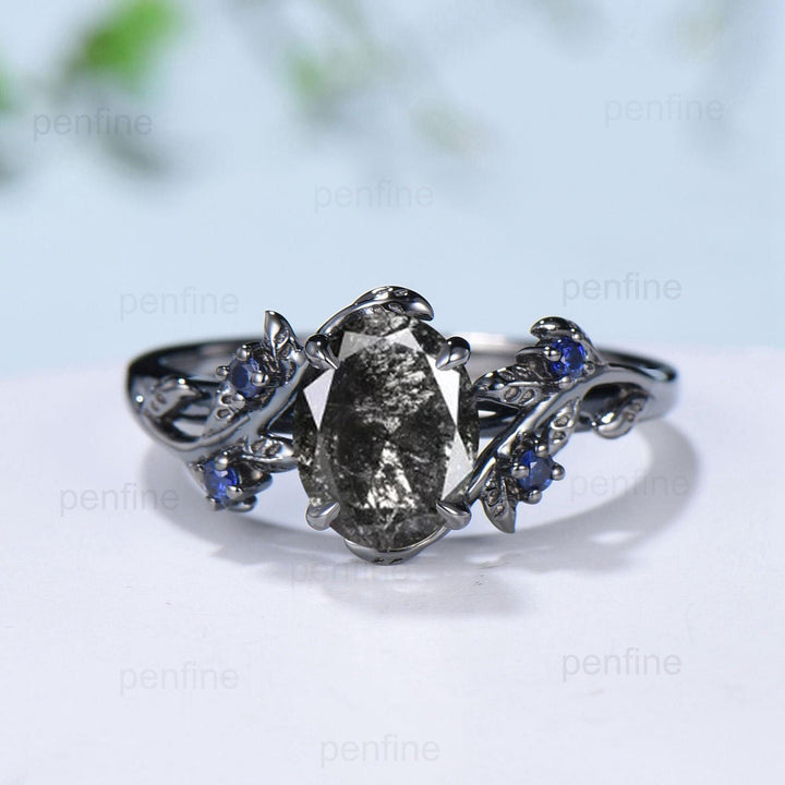 Nature Inspired salt and pepper diamond engagement ring Unique 14K black gold twig engagement ring cluster sapphire wedding ring for women - PENFINE