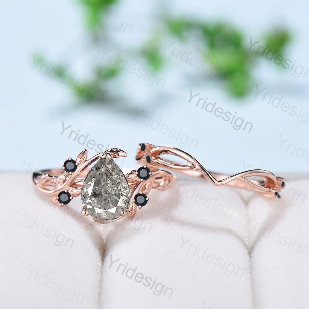 Vintage salt pepper diamond engagement ring pear shaped leaf branch pepper wedding ring set unique nature inspired promise ring for women - PENFINE