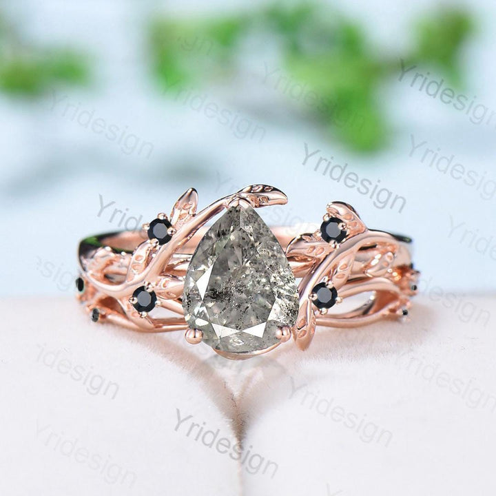 Elegant Black Gold salt pepper diamond engagement ring natural inspired pear shaped twig vine pepper diamond unique leaf vine bridal set - PENFINE