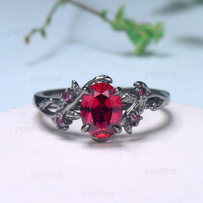 Elegant Black Gold Ruby Ring Vintage Lab Ruby Engagement Ring Leaf Cluster Ruby Wedding Women July birthstone Natural inspired  Branch Ring - PENFINE