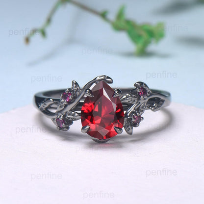 Elegant Black Gold Ruby Ring Vintage Lab Ruby Engagement Ring Leaf Cluster Ruby Wedding Women July birthstone Natural inspired  Branch Ring - PENFINE