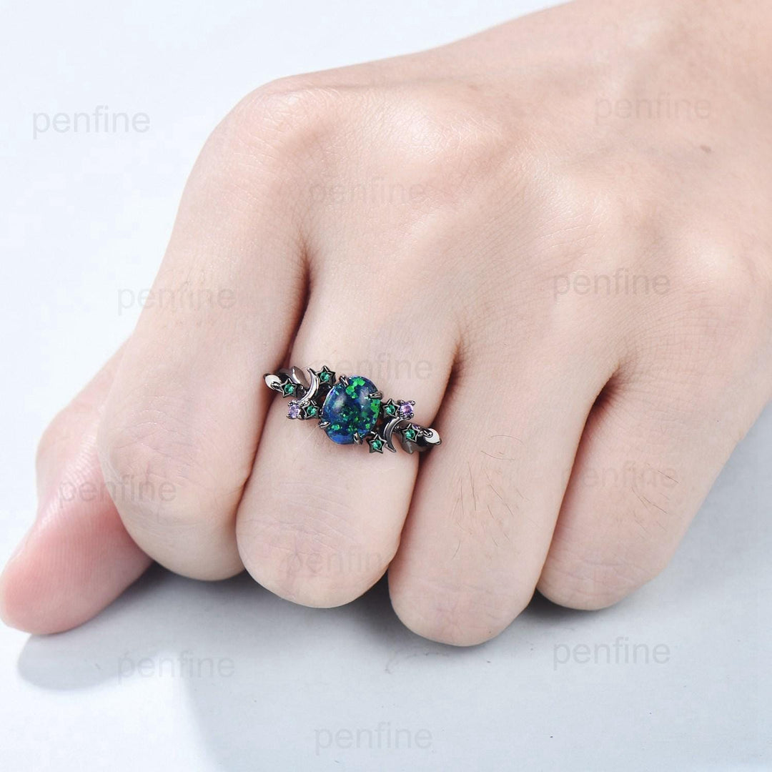 Unique Moon Star Black Gold Opal Engagement Ring Magic Fire Opal Galaxy Emerald Wedding Ring Cluster Amethyst Anniversary Ring Gift Women - PENFINE