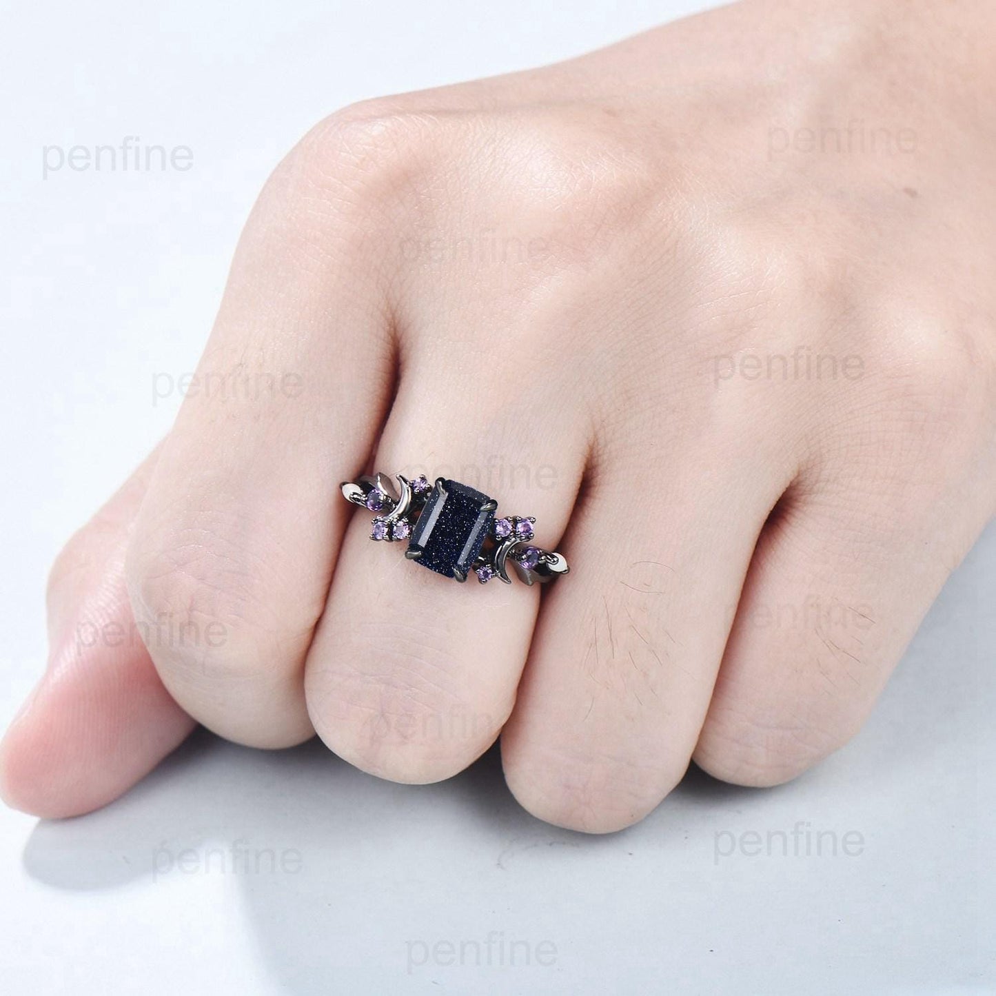 Unique Black Gold Blue Sandstone Ring Emerald Cut Vintage Galaxy Moon Engagement Ring Cluster Opal Amethyst Wedding Ring Promise Gift Women - PENFINE