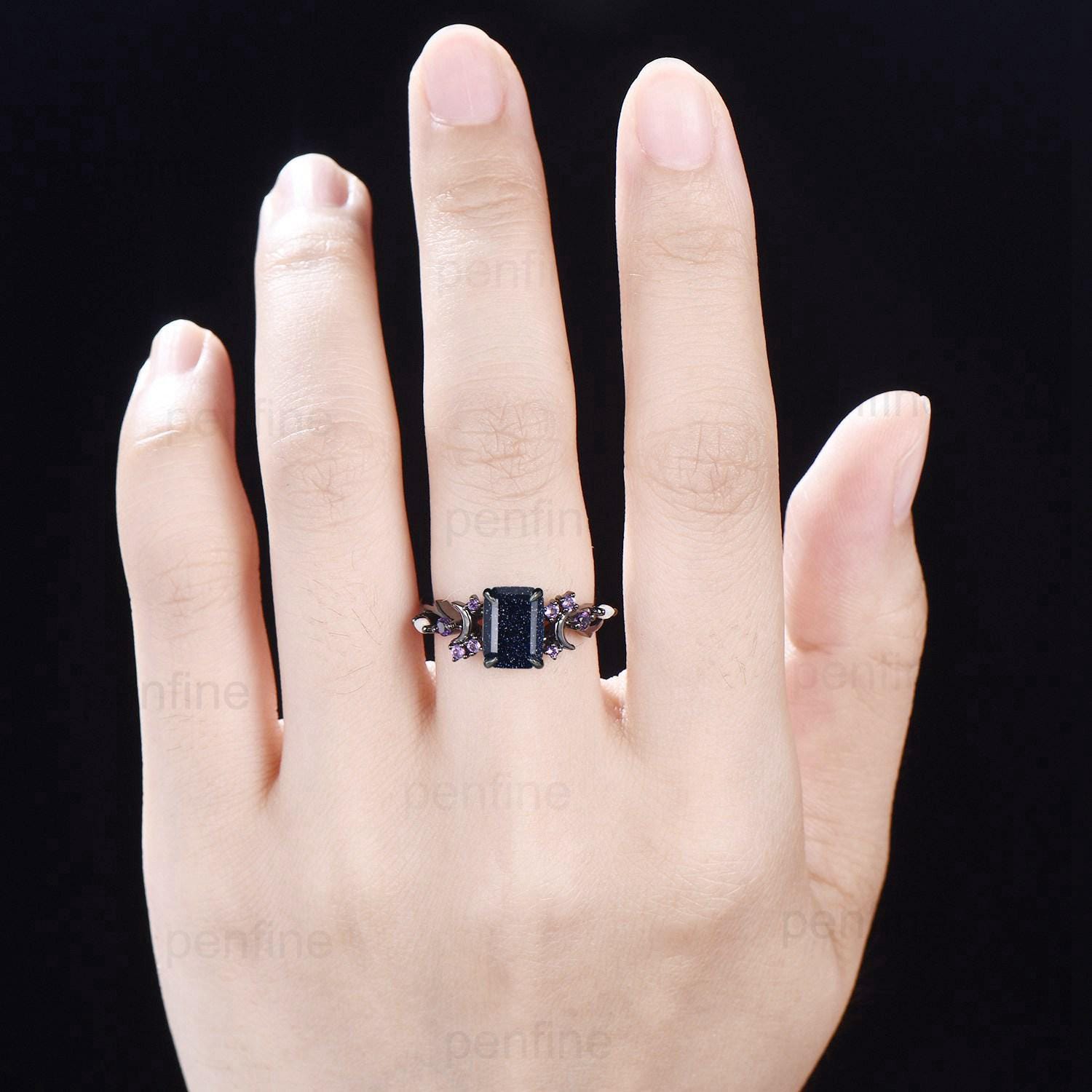 Unique Black Gold Blue Sandstone Ring Emerald Cut Vintage Galaxy Moon Engagement Ring Cluster Opal Amethyst Wedding Ring Promise Gift Women - PENFINE