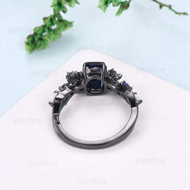 Unique Black Gold Blue Sandstone Ring Emerald Cut Vintage Galaxy Moon Engagement Ring Cluster Opal Amethyst Wedding Ring Promise Gift Women - PENFINE