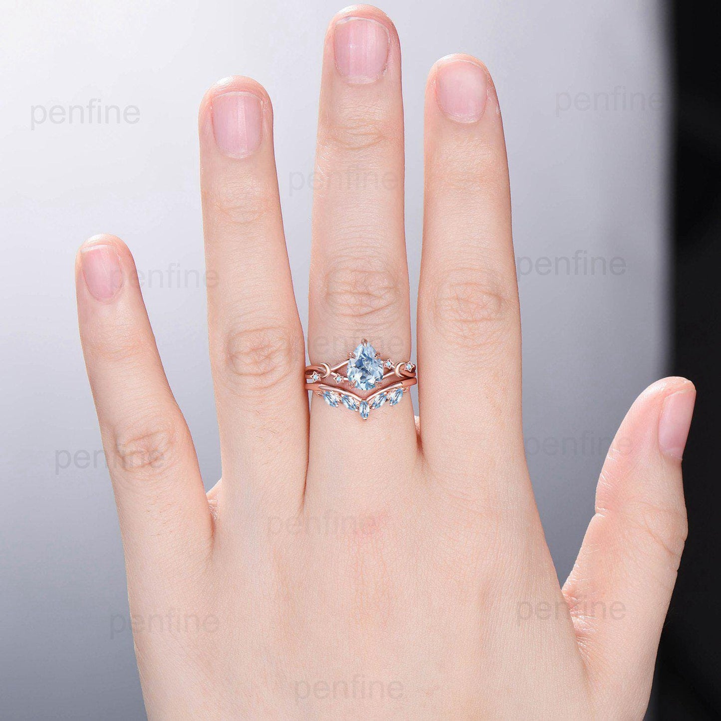 Vintage Pear Shaped Natural Aquamarine Engagement Ring Set Unique 14k Rose Gold Moon Star Wedding Ring Set Marquise Aquamarine Band Women - PENFINE