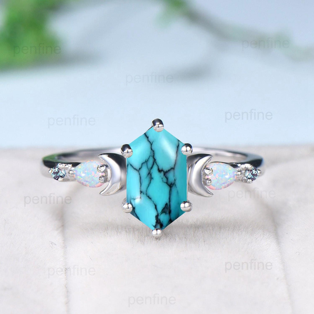 Vintage long hexagon turquoise engagement ring set unique five stone pear White opal art deco alexandrite wedding ring set anniversary gift - PENFINE