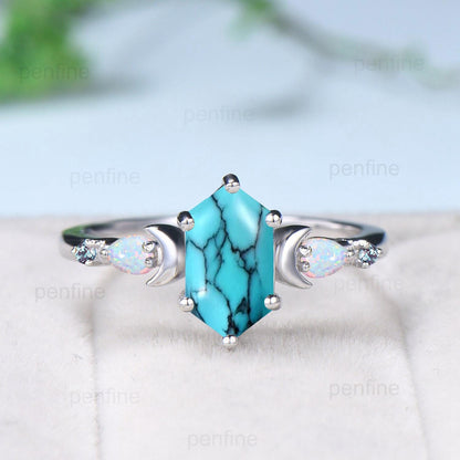 Vintage long hexagon turquoise engagement ring set unique five stone pear White opal art deco alexandrite wedding ring set anniversary gift - PENFINE