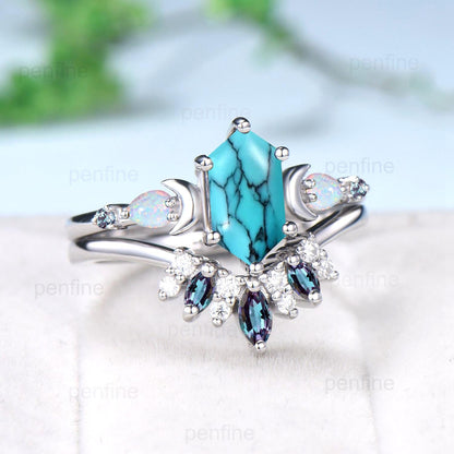 Vintage long hexagon turquoise engagement ring set unique five stone pear White opal art deco alexandrite wedding ring set anniversary gift - PENFINE