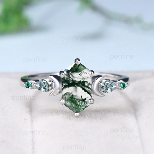 Magic crescent moon moss gate ring set unique long hexagon moss agate engagement ring art deco emerald wedding ring set vintage bridal set - PENFINE