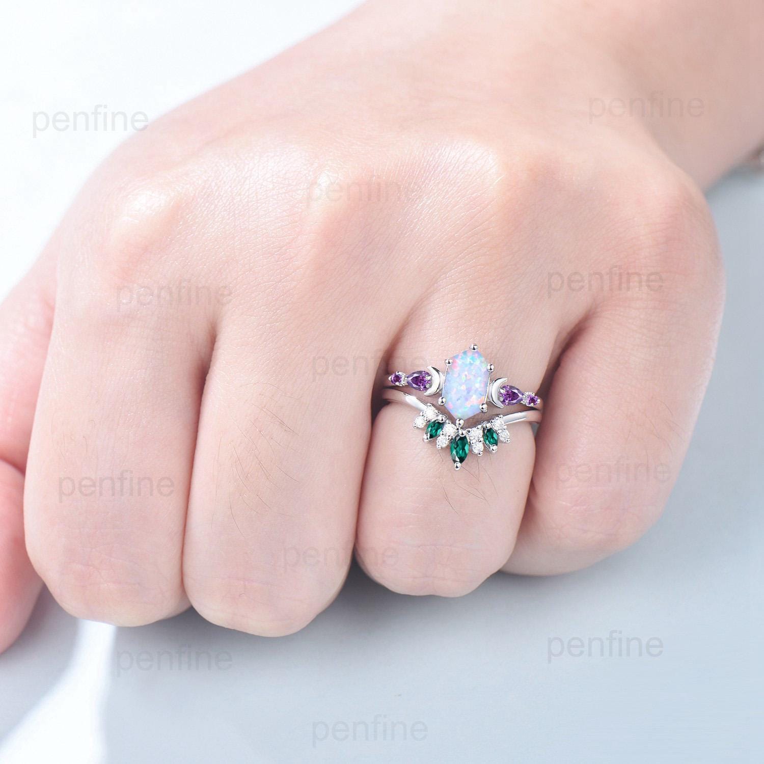 Vintage long hexagon opal engagement ring set rose gold five stone opal amethyst wedding ring set Art Deco curved v emerald band bridal set - PENFINE