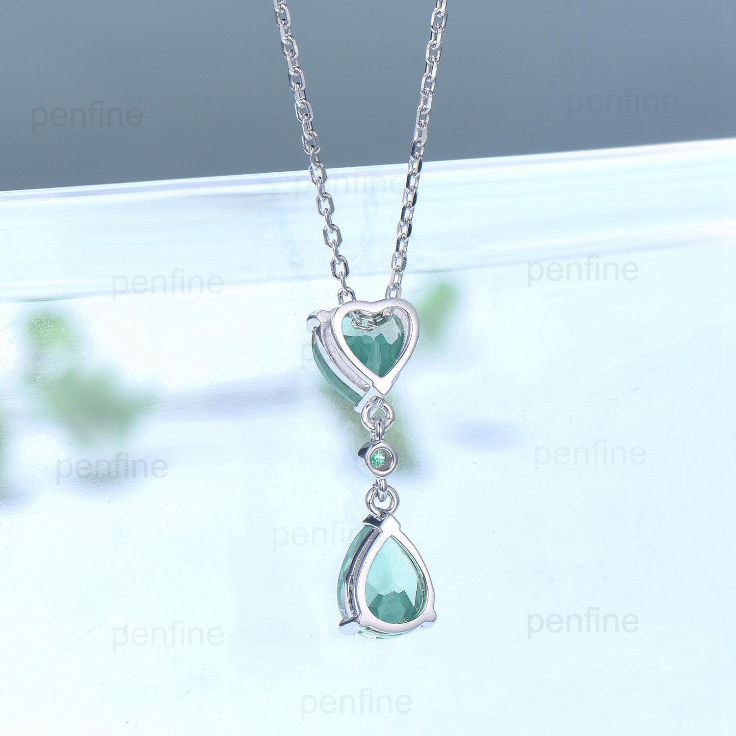 Vintage Heart Shaped Emerald Pendant necklace Dainty Minimalist pear shaped lab green crystal necklace women May birthstone anniversary gift - PENFINE