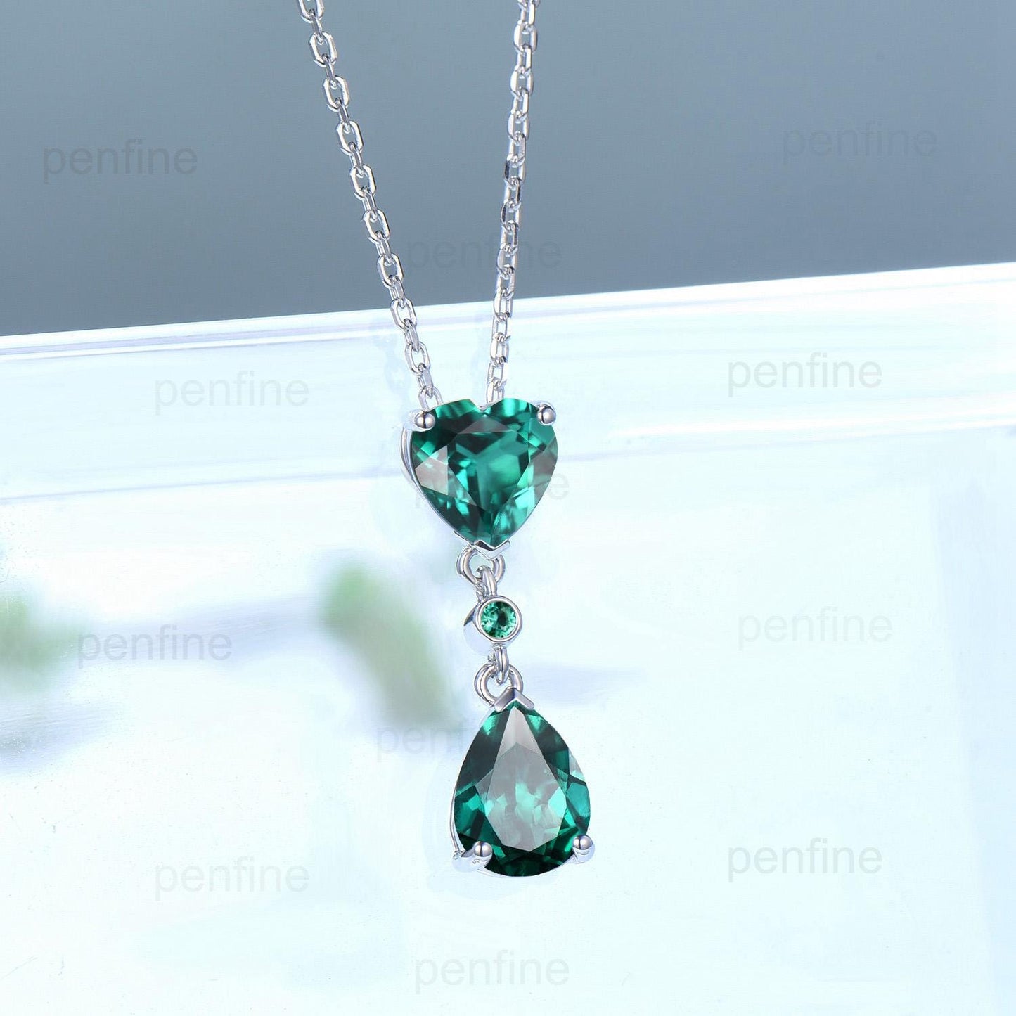 Vintage Heart Shaped Emerald Pendant necklace Dainty Minimalist pear shaped lab green crystal necklace women May birthstone anniversary gift - PENFINE