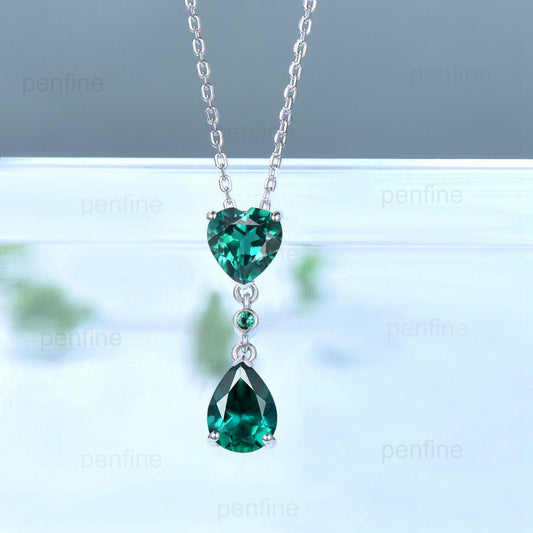 Vintage Heart Shaped Emerald Pendant necklace Dainty Minimalist pear shaped lab green crystal necklace women May birthstone anniversary gift - PENFINE