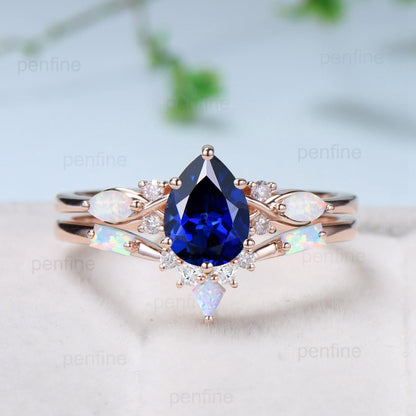 Vintage Sapphire Wedding Ring Set 14k Rose Gold Pear Shaped July Birthstone Engagement Ring Set Unique White Opal Bridal Ring Set for her - PENFINE