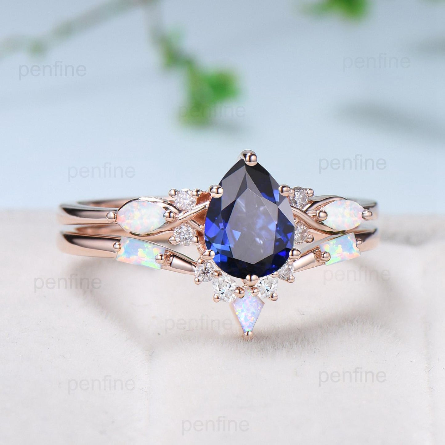 Vintage Sapphire Wedding Ring Set 14k Rose Gold Pear Shaped July Birthstone Engagement Ring Set Unique White Opal Bridal Ring Set for her - PENFINE