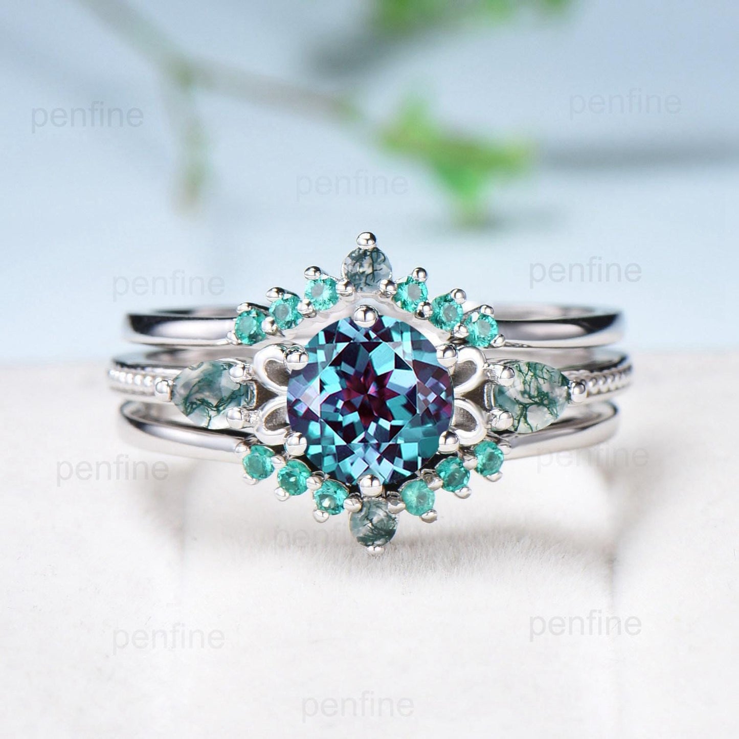 Three Stone Alexandrite Engagement Ring Set Accent Pear Moss Agate Green Crystal Wedding Set Milgrain Elegant White Gold Bridal Set acWomen - PENFINE