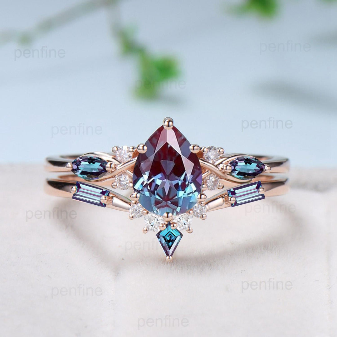 Vintage Alexandrite Wedding Ring Set 14k Rose Gold Pear Shaped June Birthstone Engagement Ring Set Unique Color Change Bridal Ring Set Women - PENFINE