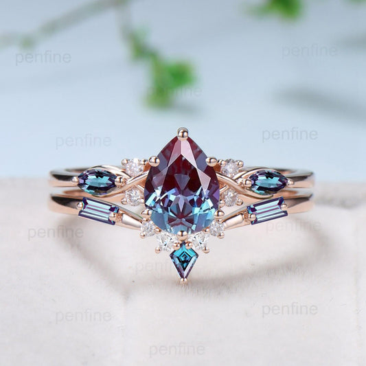 Vintage Alexandrite Wedding Ring Set 14k Rose Gold Pear Shaped June Birthstone Engagement Ring Set Unique Color Change Bridal Ring Set Women - PENFINE