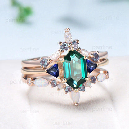 3pcs Long hexagon Emerald Engagement Ring Set Three Stone Trillion Blue Sapphire Wedding Ring Vintage alexandrite opal stacking bridal set - PENFINE