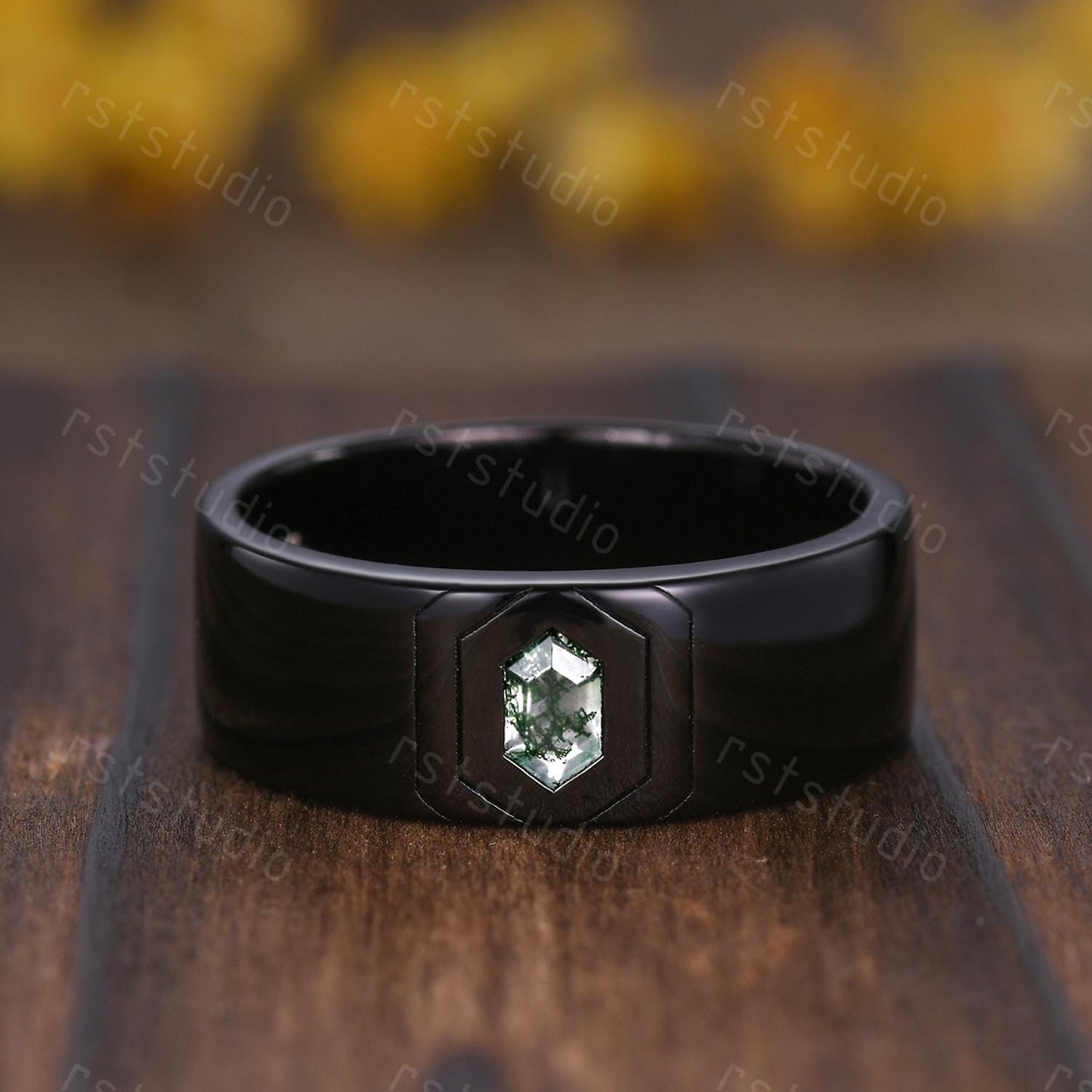 Vintage Moss Agate Couples Ring Set: Black Gold Wedding Bands