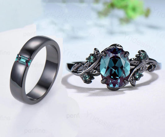 Couples ring set 14k black gold alexandrite wedding rings set twig ring men and women His Hers engagement ring nature inspired Promise gift - PENFINE