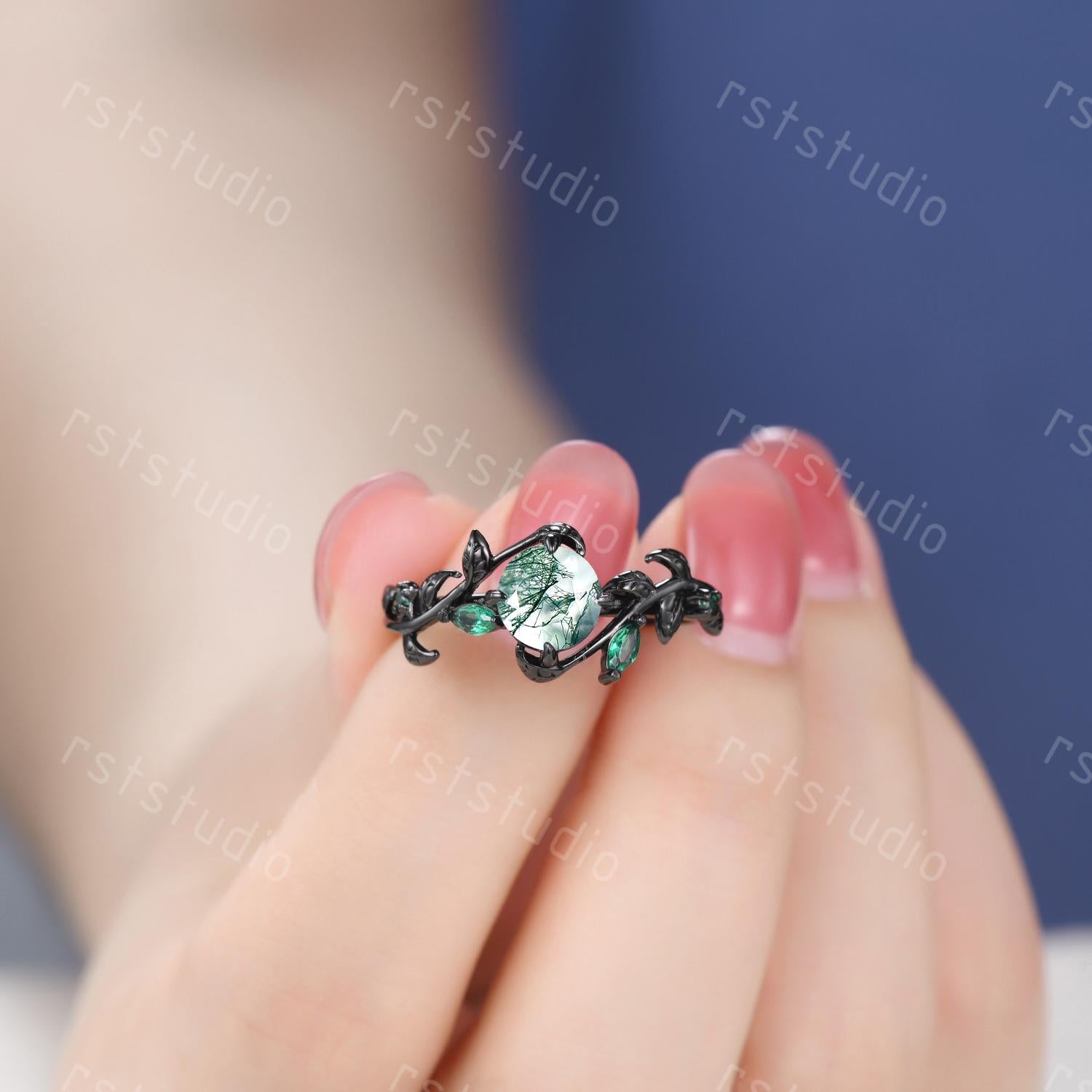 Vintage Moss Agate Couples Ring Set: Black Gold Wedding Bands