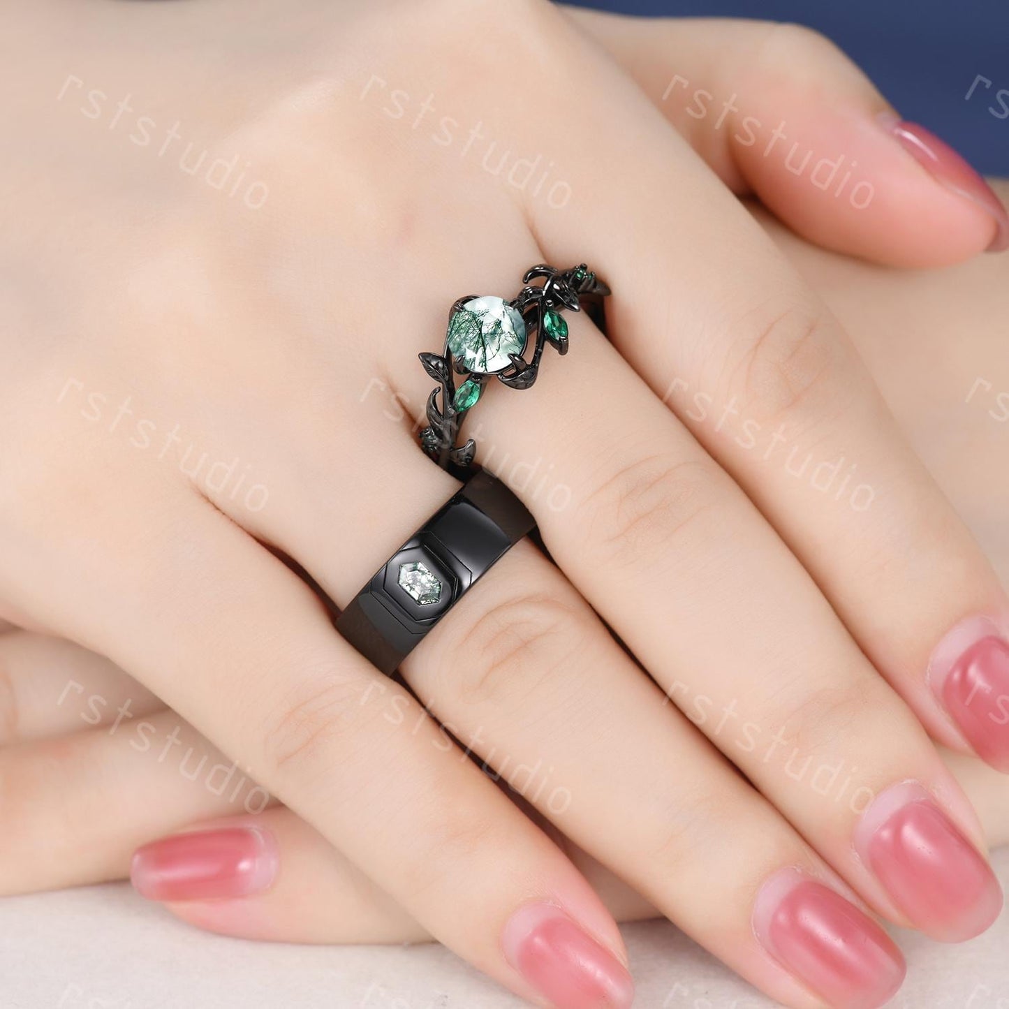 Vintage Moss Agate Couples Ring Set: Black Gold Wedding Bands