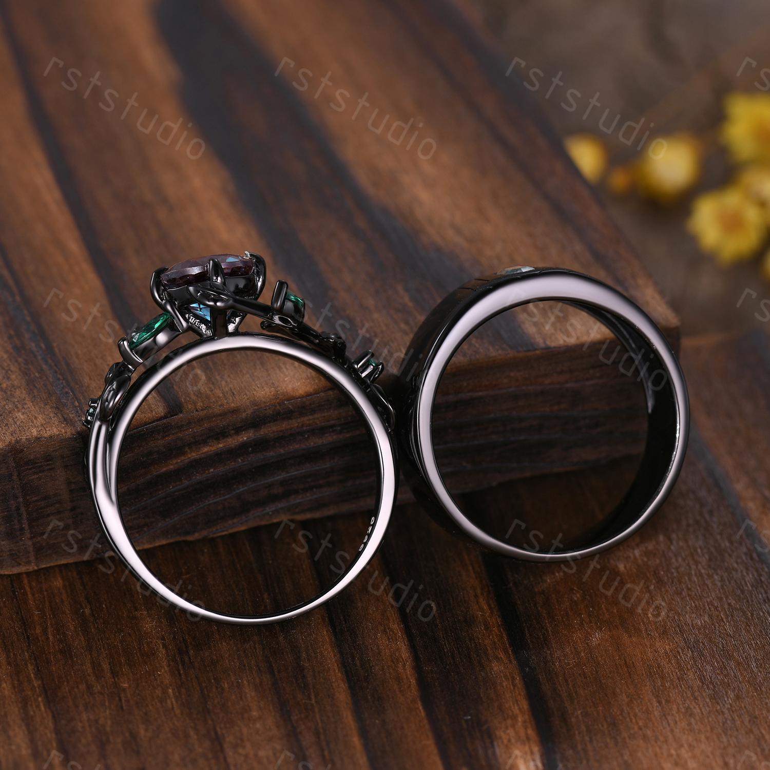 Vintage Blue Sapphire Couples Ring Set: Black Gold Wedding Bands