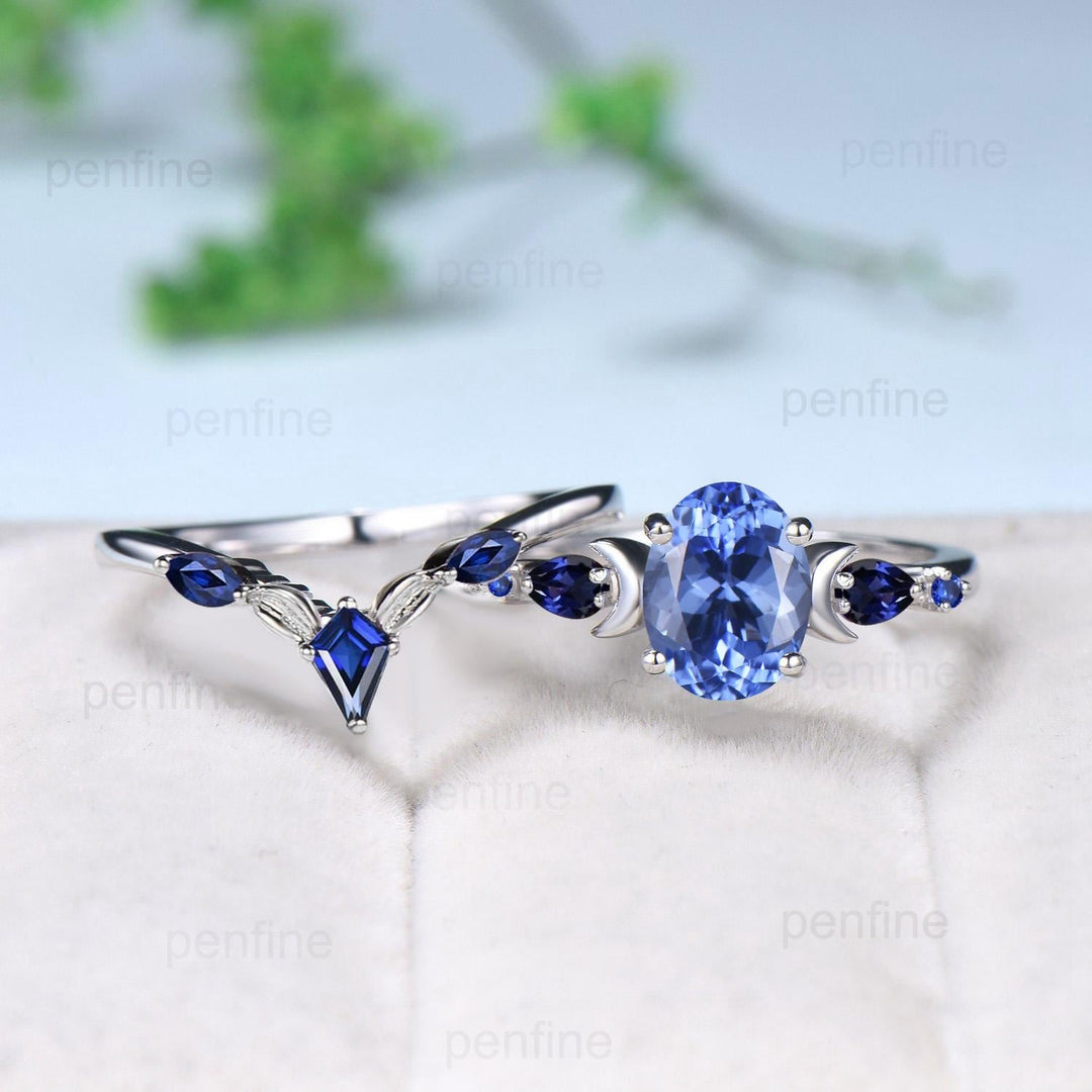 1.5 Carat Natural Oval Tanzanite engagement ring set five stone 14k white gold sapphire moon wedding ring  set crown art deco Bridal Set - PENFINE