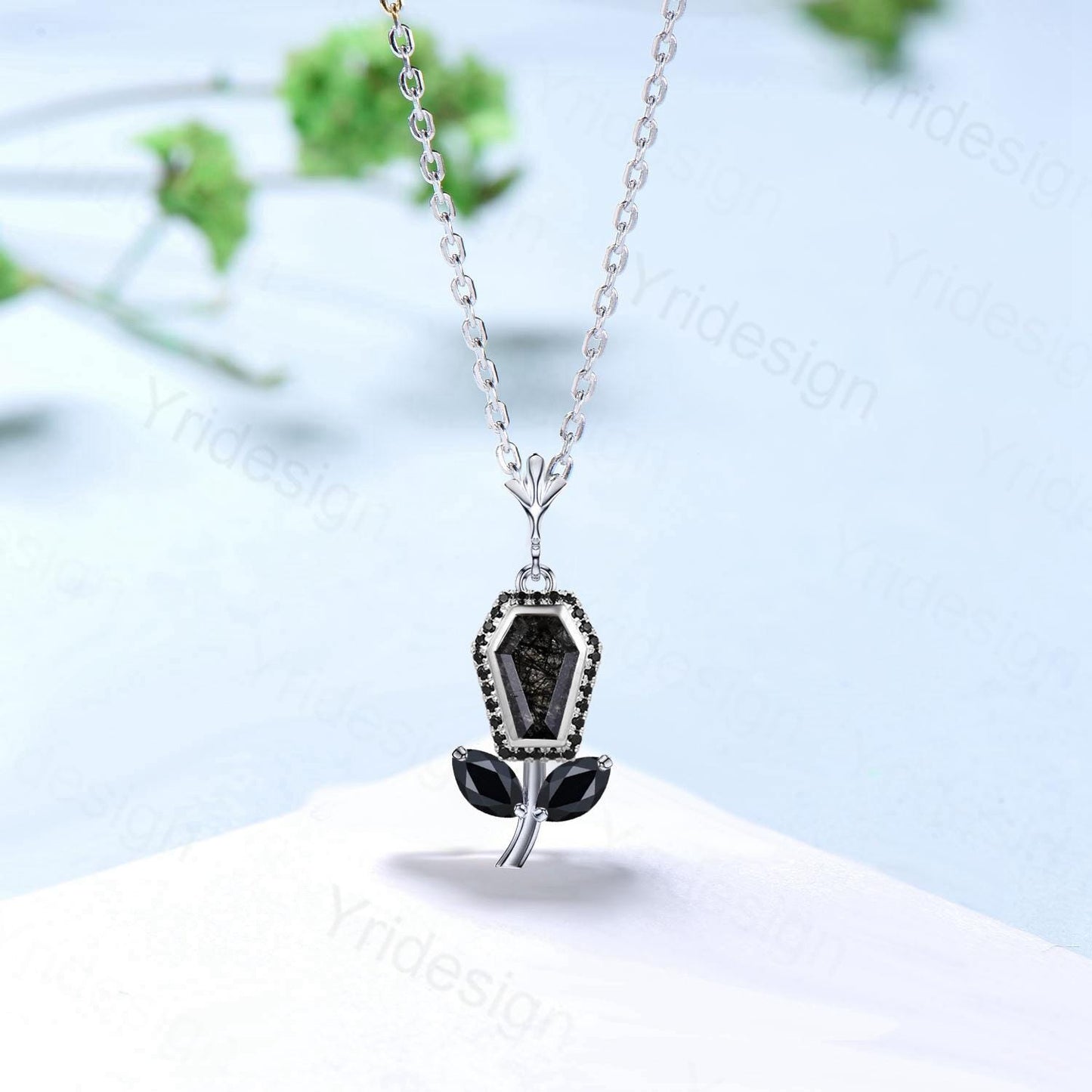 Vintage Coffin black rutilated quartz pendant necklace solid 14k 18k rose gold halo black spinel Personalized anniversary Halloween Jewelry - PENFINE