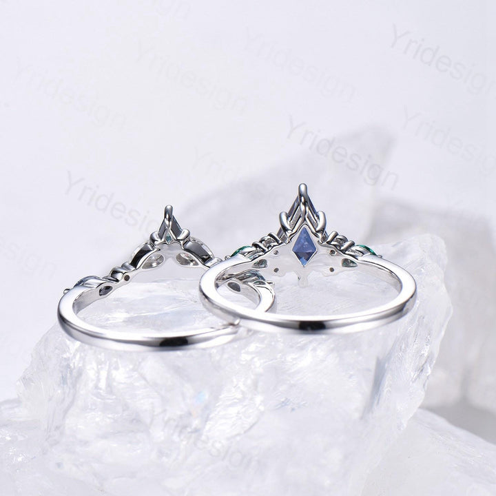 Vintage Rainbow mystic topaz engagement ring set kite cut art deco pear emerald alexandrite wedding ring set for women Art deco bridal set - PENFINE