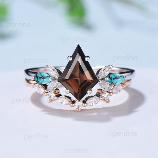 Vintage Kite cut smoky quartz engagement ring set art deco marquise turquoise bridal wedding ring set women anniversary promise ring gift - PENFINE