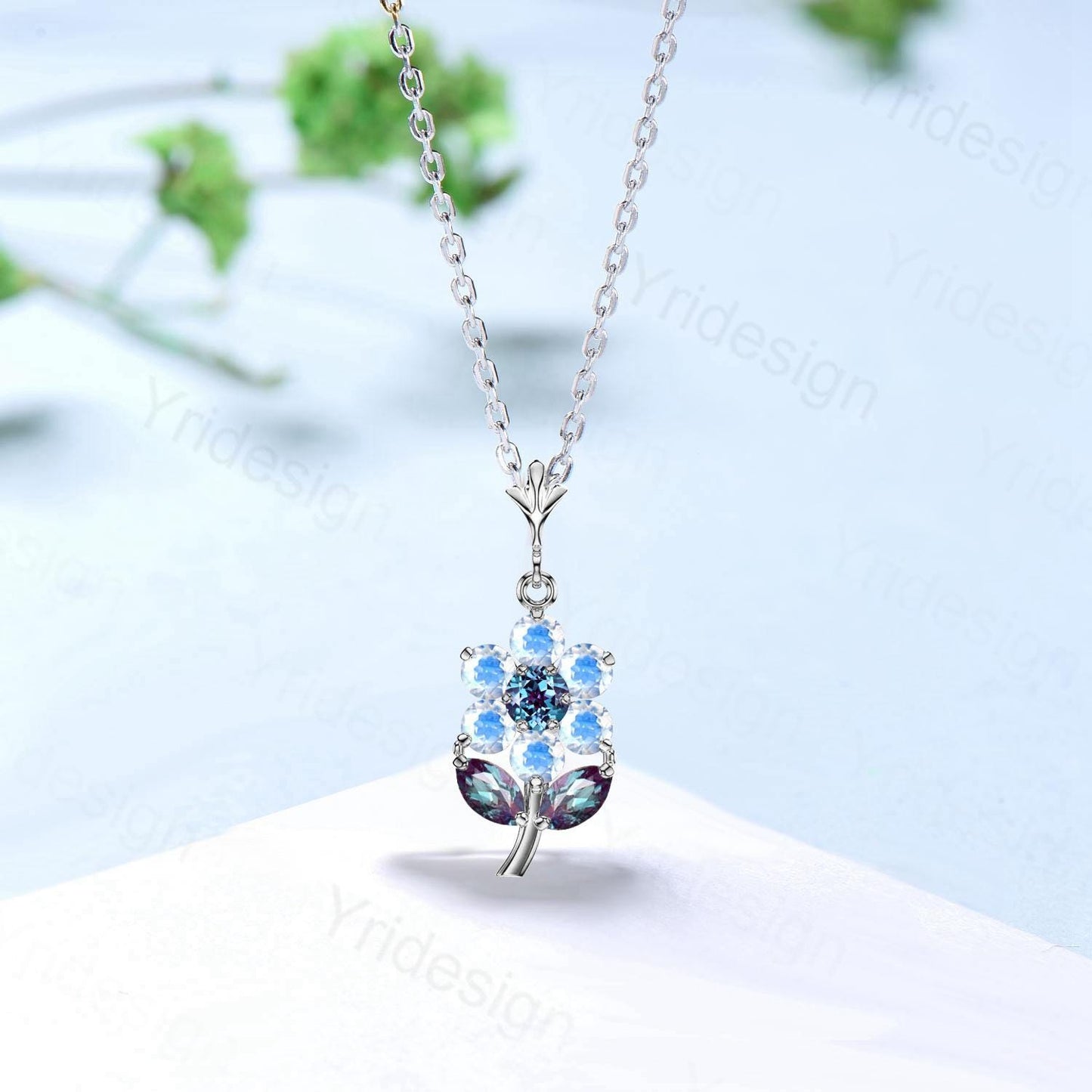 Unique Marquise Cut Alexandrite Pendant Necklace Art Deco Sunflower Halo Rainbow Blue Moonstone Necklace June Birthstone Anniversary gift - PENFINE