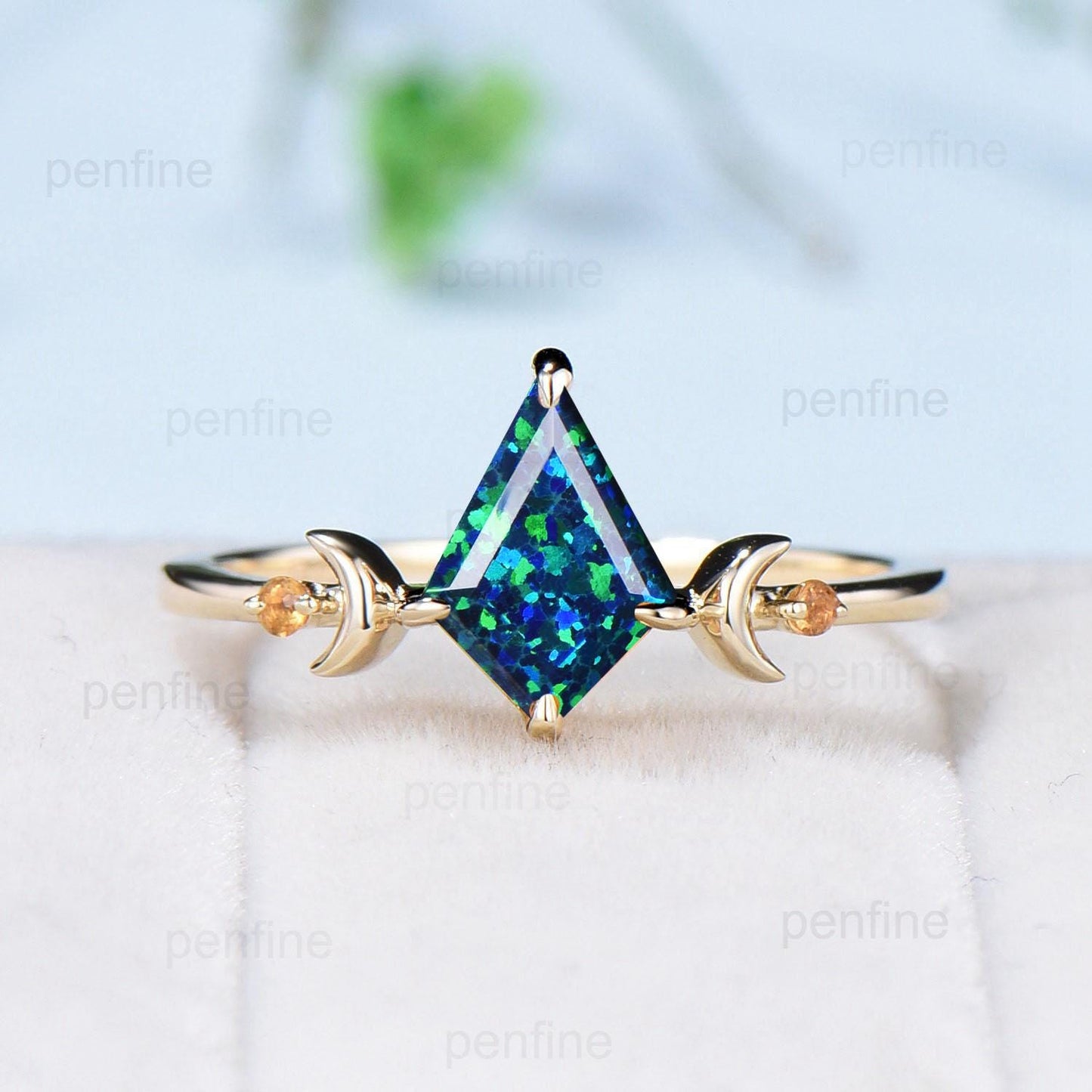 Vintage kite shaped black opal engagement ring set silver yellow gold Unique celestial moon wedding ring for women citrine promise ring band - PENFINE