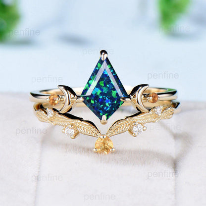 Vintage kite shaped black opal engagement ring set silver yellow gold Unique celestial moon wedding ring for women citrine promise ring band - PENFINE