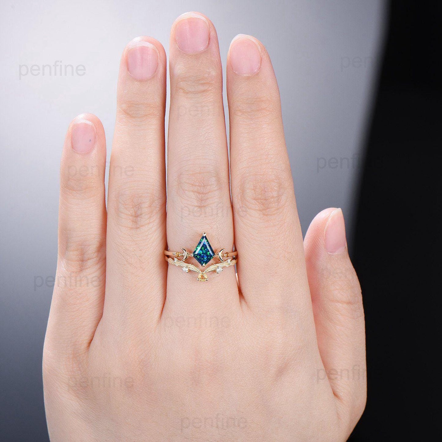 Vintage kite shaped black opal engagement ring set silver yellow gold Unique celestial moon wedding ring for women citrine promise ring band - PENFINE