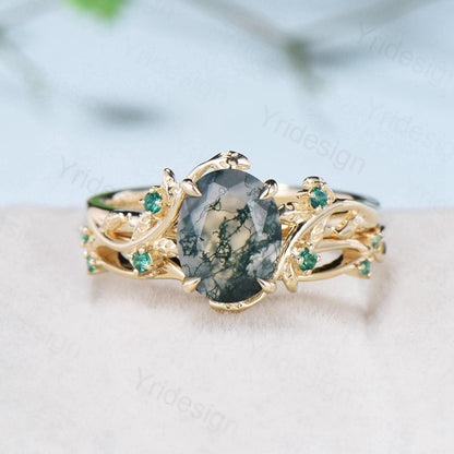 2CT Oval moss agate ring set 14k yellow gold nature inspired green agate engagement ring set cluster emerald anniversary ring for women - PENFINE