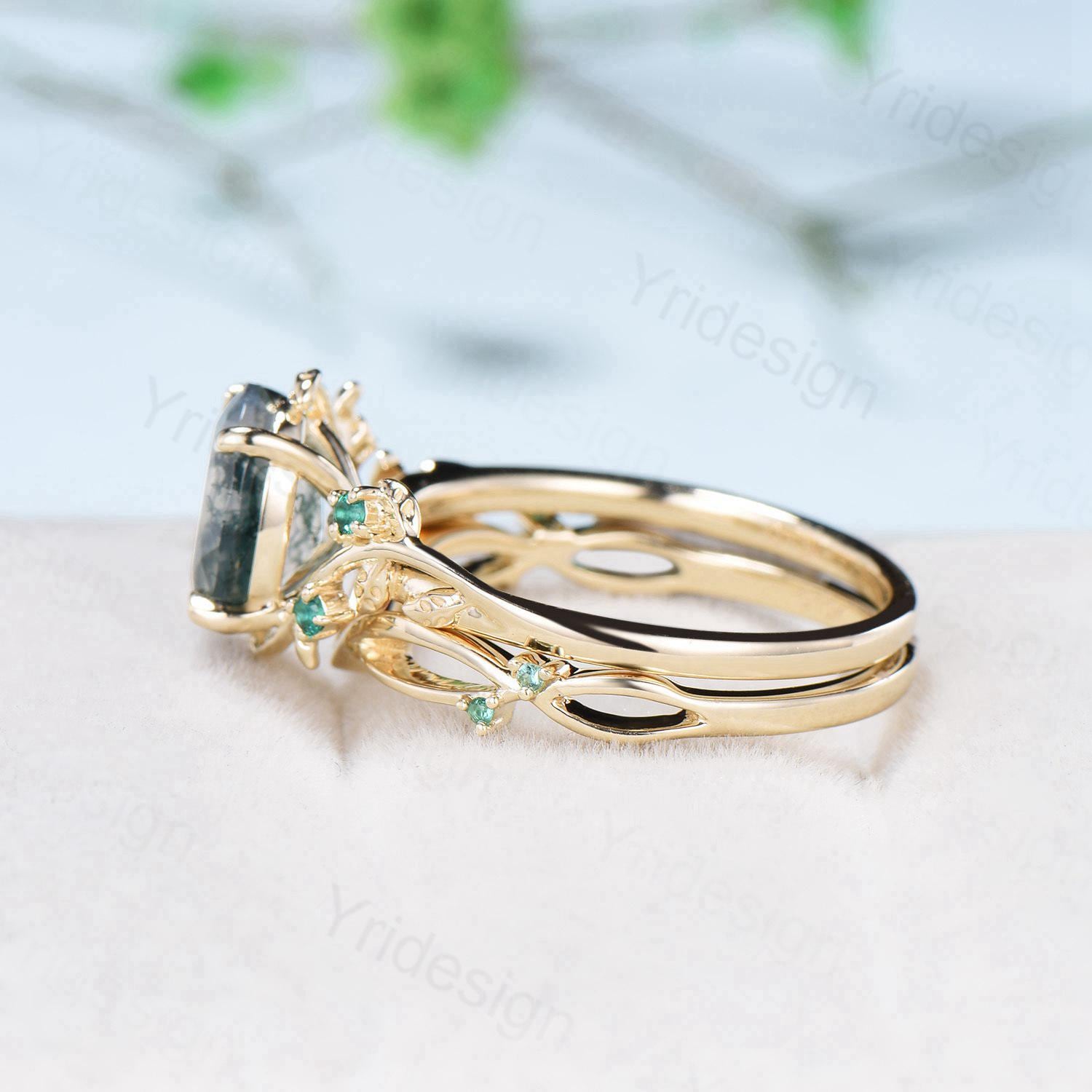 2CT Oval moss agate ring set 14k yellow gold nature inspired green agate engagement ring set cluster emerald anniversary ring for women - PENFINE