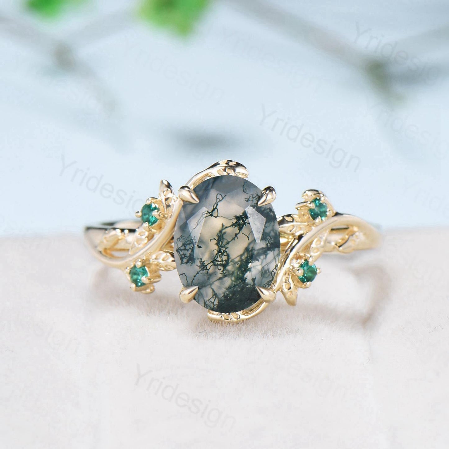 2CT Oval moss agate ring set 14k yellow gold nature inspired green agate engagement ring set cluster emerald anniversary ring for women - PENFINE