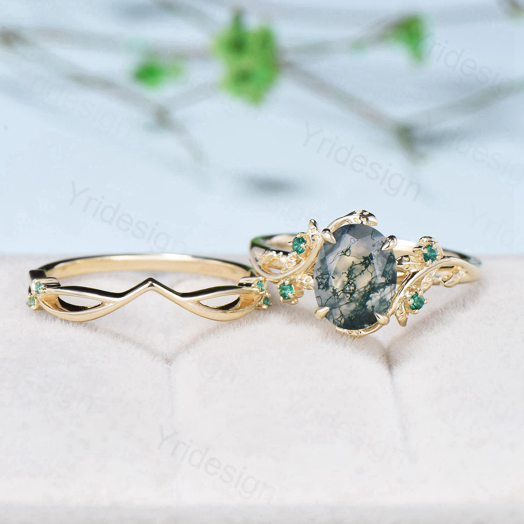 2CT Oval moss agate ring set 14k yellow gold nature inspired green agate engagement ring set cluster emerald anniversary ring for women - PENFINE