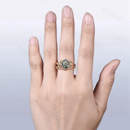 2CT Oval moss agate ring set 14k yellow gold nature inspired green agate engagement ring set cluster emerald anniversary ring for women - PENFINE