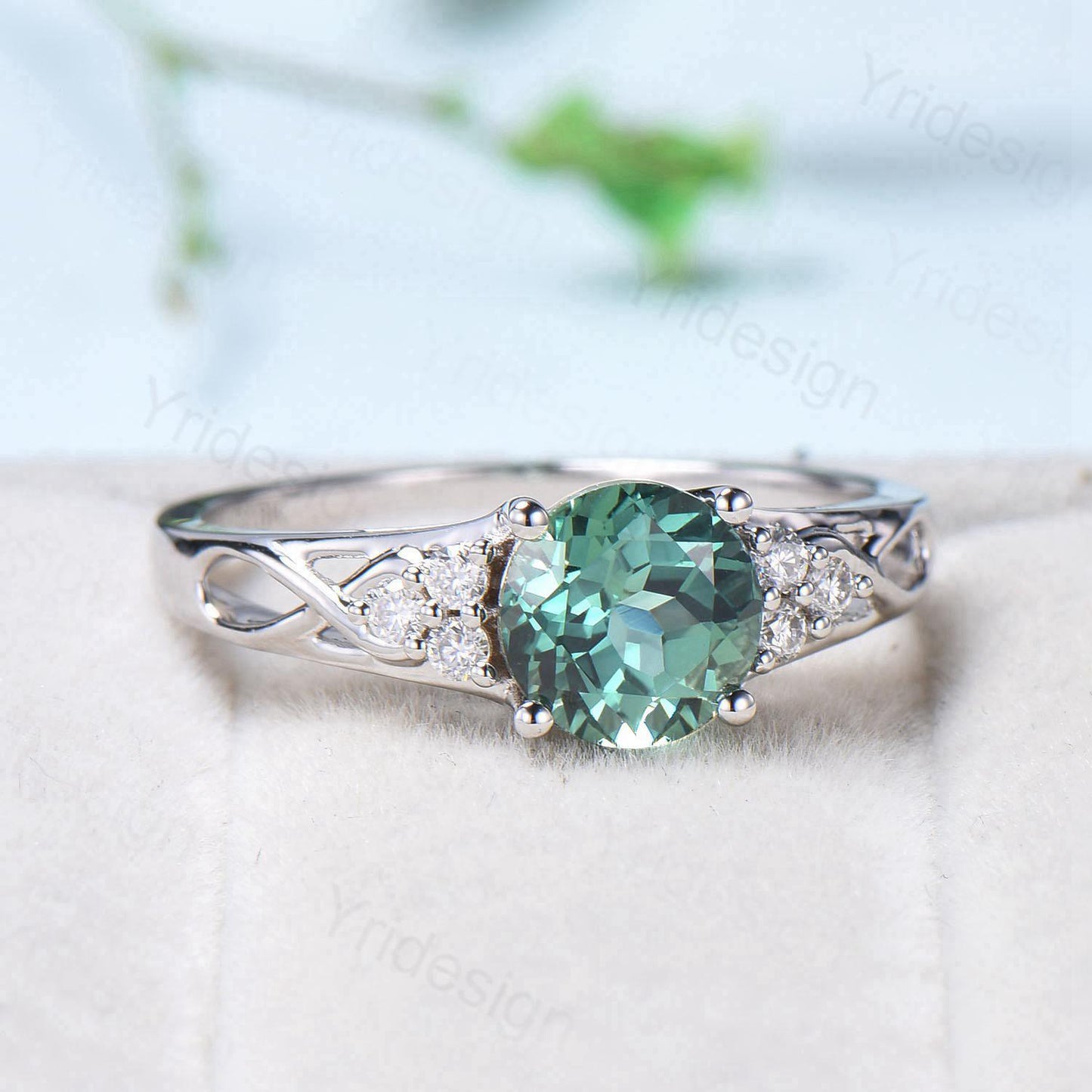 Vintage Green Sapphire Engagement Ring White Gold Solid 10K/14K/18K Gold Unique Cluster Moissanite Diamond Wedding Ring Anniversary gift - PENFINE