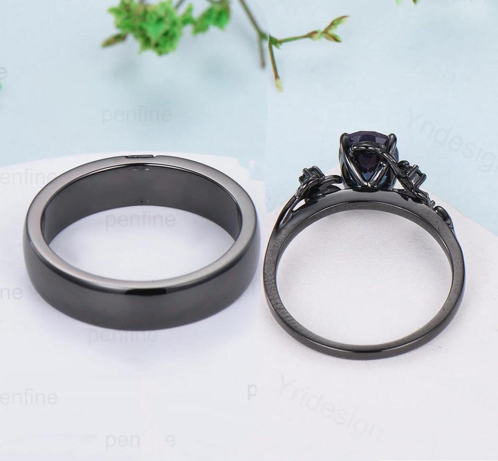 Couples ring set black gold moss agate wedding rings set twig ring men and women His Hers engagement ring nature inspired anniversary gift - PENFINE