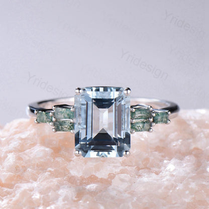 Unique 4CT Emerald Cut Aquamarine Engagement Ring Retro Cluster Baguette Moss Agate 7 Stones Wedding Ring Vintage  Anniversary Gift Women - PENFINE