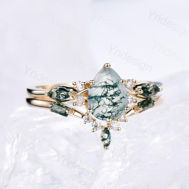 Solid 14K Yellow Gold Pear Shaped Natural Moss Agate Engagement Ring Set Unique Green Agate Agate Vine Art Deco Wedding Ring Set for Women - PENFINE