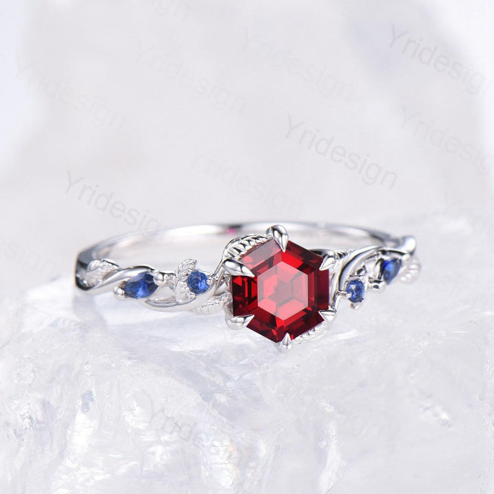 Nature Inspired Red Ruby Engagement Ring Unique Twig  Lab Ruby Sapphire Wedding Ring Branch Promise Ring Handmade Proposal Gifts for Women - PENFINE